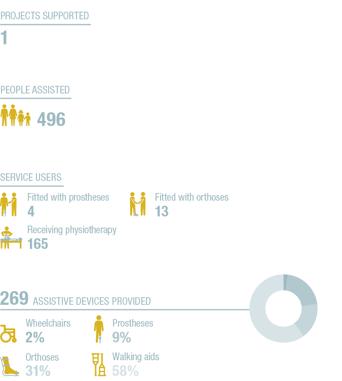 Prostheses 9% ,Walking aids  58% ,Orthoses 31% ,Wheelchairs 2% ,496,People assisted ,2+21+17+60+A,269 Assistive devic   