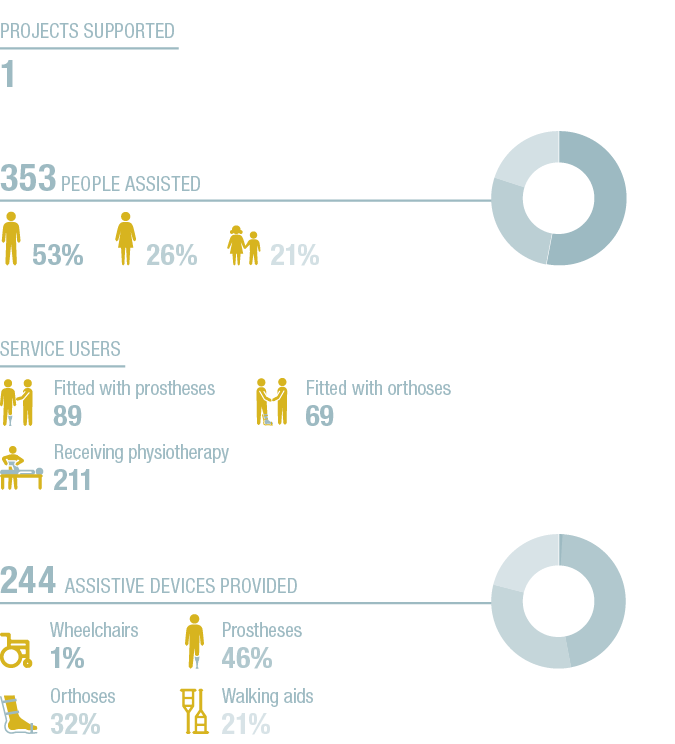 53+27+20+A,1+46+32+21+A,353 People assisted ,244 Assistive devices provided ,Service users ,26% ,Prostheses 46% ,Fitt   