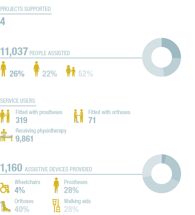 26+22+52+A,4+28+40+28+A,11,037 People assisted ,1,160 Assistive devices provided ,Service users ,22% ,Prostheses 28%    