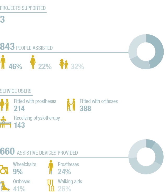 46+22+32+A,9+24+41+26+A,843 People assisted ,660 Assistive devices provided ,Service users ,22% ,Prostheses 24% ,Fitt   
