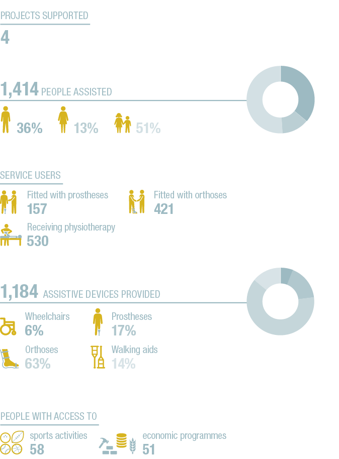 36+13+51+A,6+17+63+14+A,1,414 People assisted ,1,184 Assistive devices provided ,Service users ,13% ,Prostheses 17% ,   