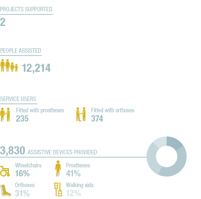 Projects supported 2 ,16+41+31+12+A,3,830 Assistive devices provided ,Service users ,Prostheses 41% ,Fitted with orth   
