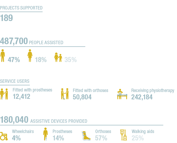 487,700 People assisted ,180,040 Assistive devices provided ,Service users ,18% ,Prostheses 14% ,Fitted with orthoses   